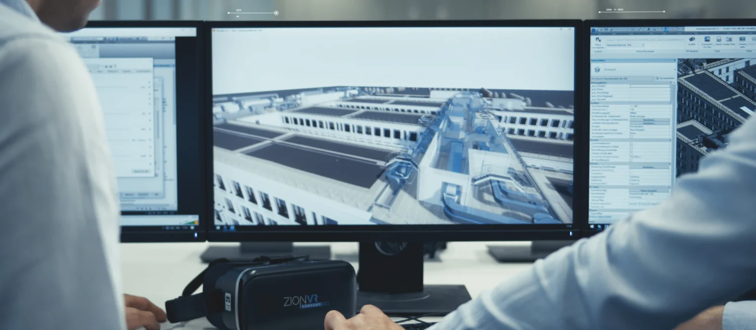 Zwei Personen arbeiten an einem Schreibtisch vor drei Monitoren, auf denen ein digitales 3D-Modell eines Gebäudes mit technischen Anlagen dargestellt ist. Vor den Bildschirmen liegen eine VR-Brille und ein Smartphone, während eine Person die Tastatur bedient und die andere auf den Bildschirm zeigt.
