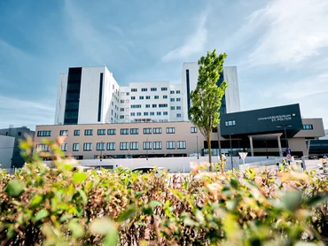 Modernes mehrstöckiges Krankenhausgebäude mit hellem Fassadenmix aus Weiß und Beige sowie einem dunklen Eingangsbereich mit Beschriftung. Im Vordergrund befinden sich unscharfe Pflanzen, dahinter führt eine Zufahrt zum Haupteingang, während der Himmel blau mit leichten Wolken ist.